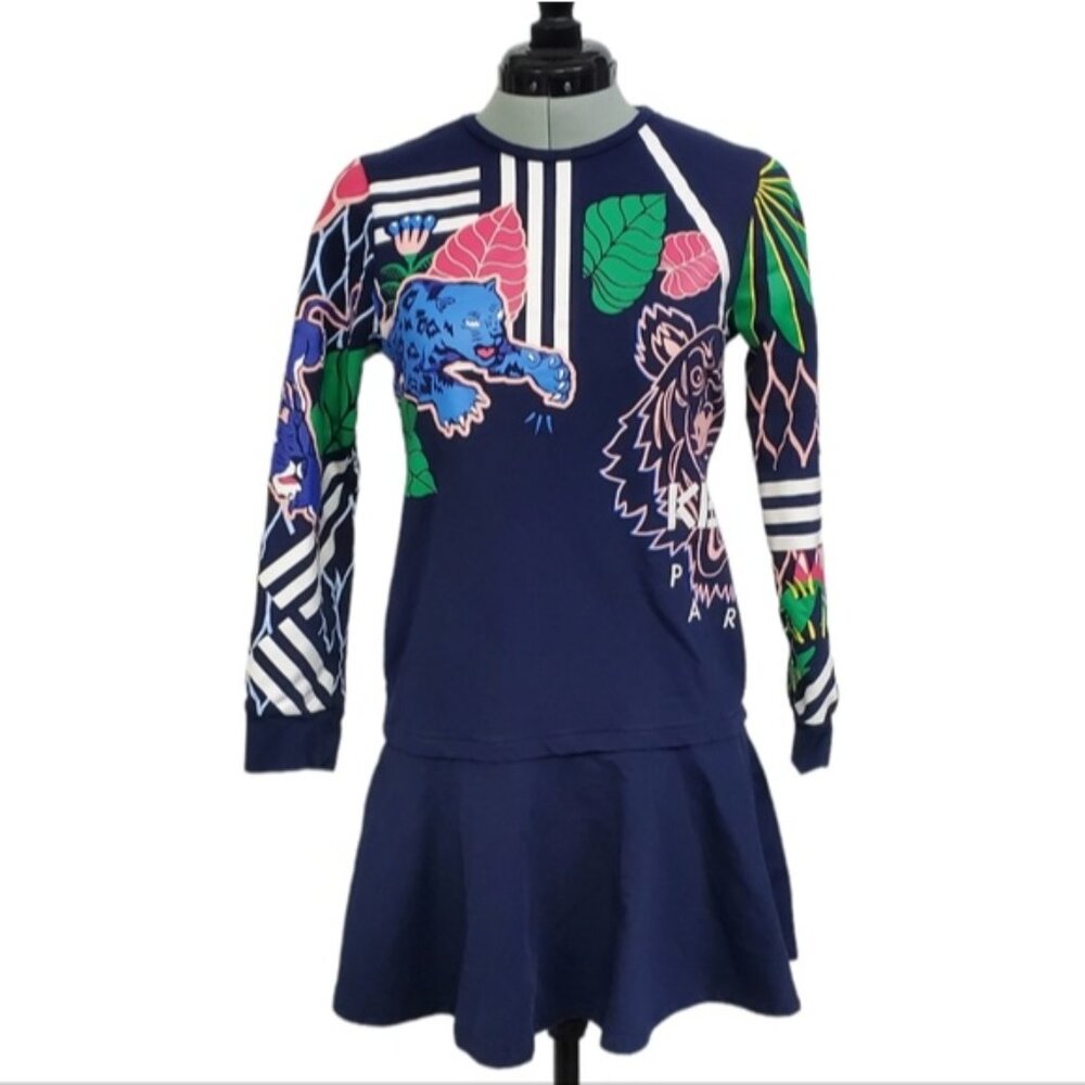 Kenzo Paris Girls Dark Navy Colorful Jungle Tiger Dress Sz 14 - Picture 2 of 14